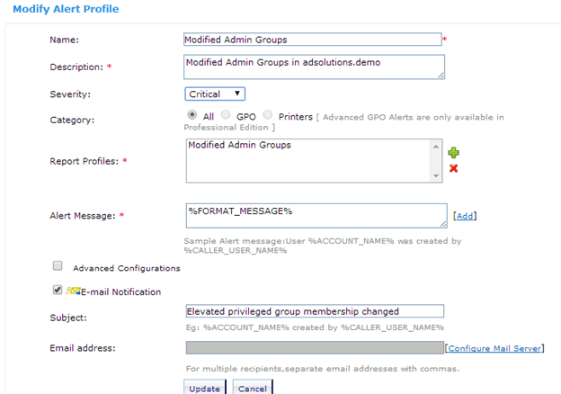 ADAudit alertes appartenances groupes Active Directory